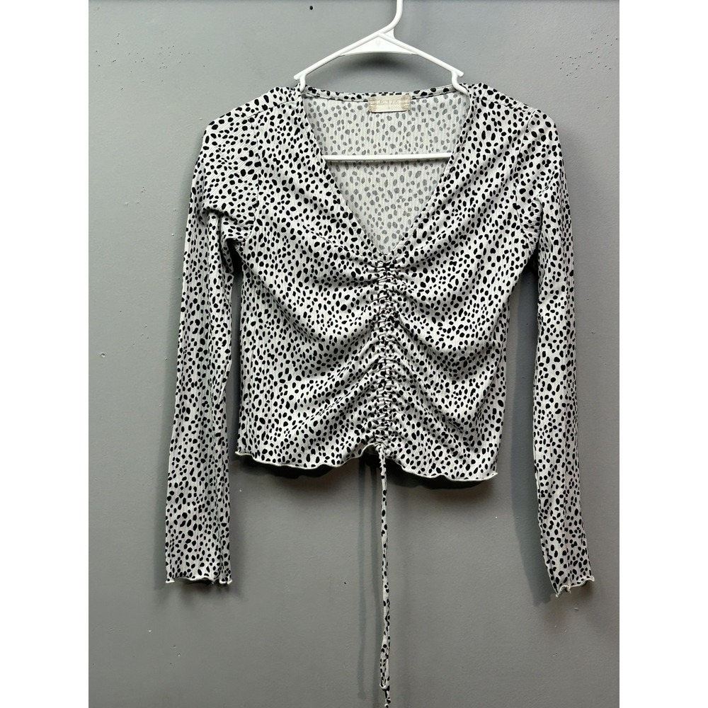 Altar'd State Top Womens Small White Dalmatian Spot Cinched Front Ribbed Cropped